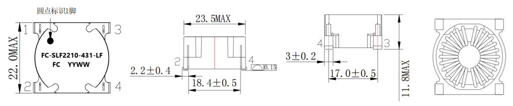 Dimensions:mm Common Mode Power Line Choke FC-SLF2210-431-LF