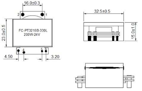 1. Dimensions:mm SMD Planar power PCB Transformer FC-PT3215B-330L200W